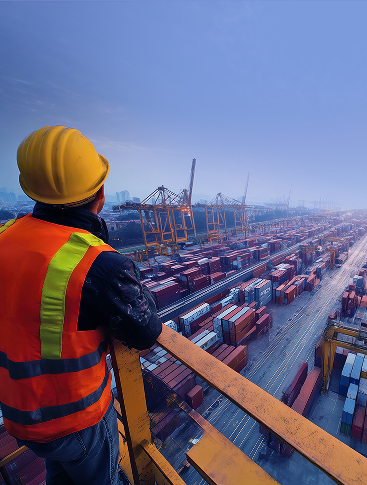 Arbeiter der auf den Hafen guckt